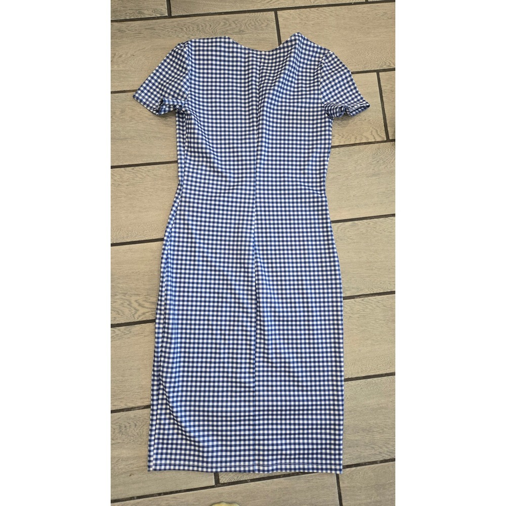 Zara Blue White Gingham Button Front V-Neck Midi Dress Short Sleeve Size Medium - Picture 5 of 6